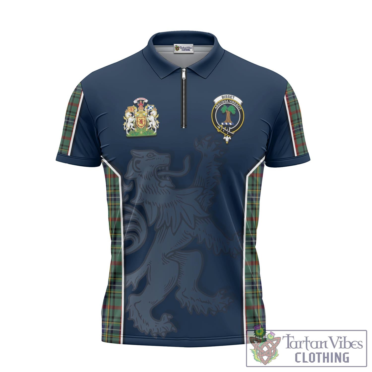 Tartan Vibes Clothing Bisset Tartan Zipper Polo Shirt with Family Crest and Lion Rampant Vibes Sport Style