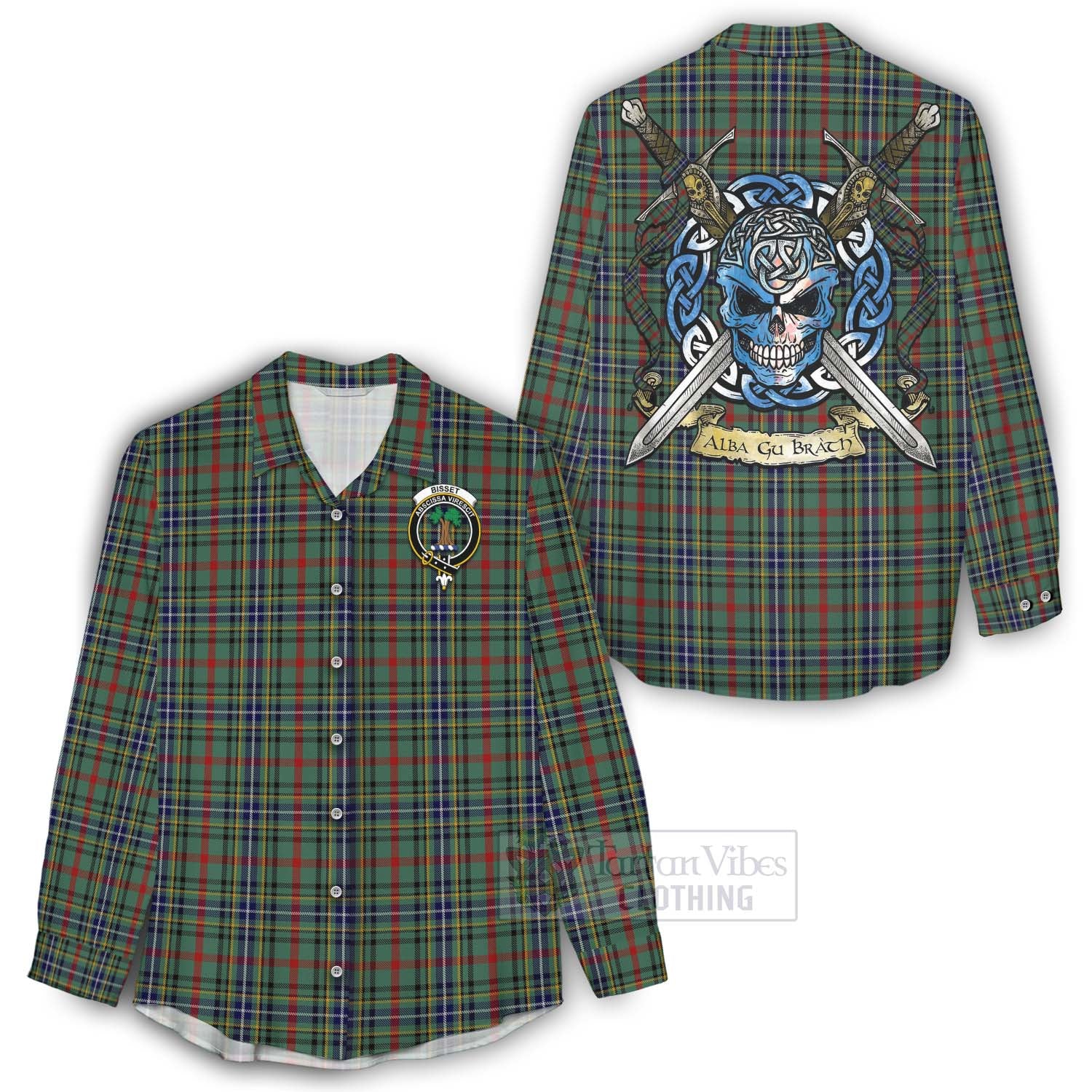 Tartan Vibes Clothing Bisset Tartan Women's Casual Shirt with Family Crest Celtic Skull Style