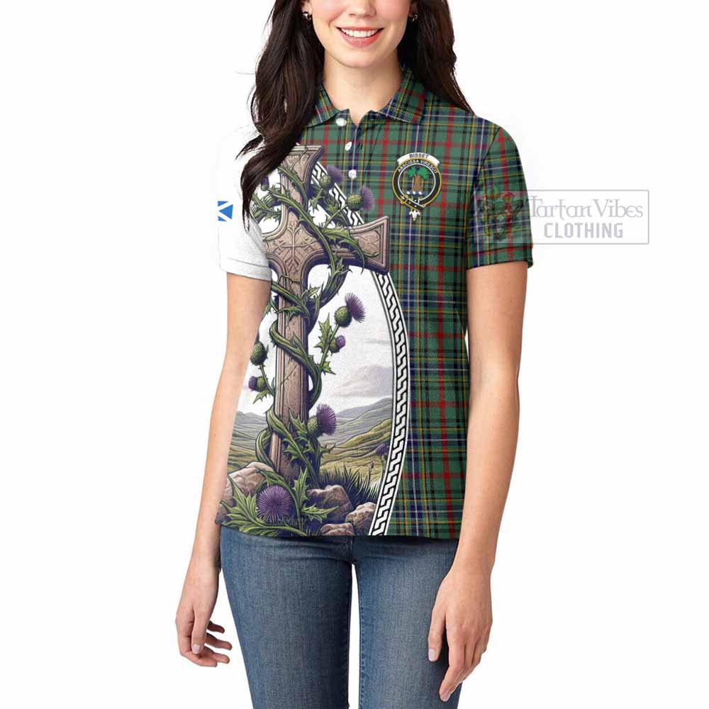 Tartan Vibes Clothing Bisset Tartan Women's Polo Shirt with Family Crest and St. Andrew's Cross Accented by Thistle Vines