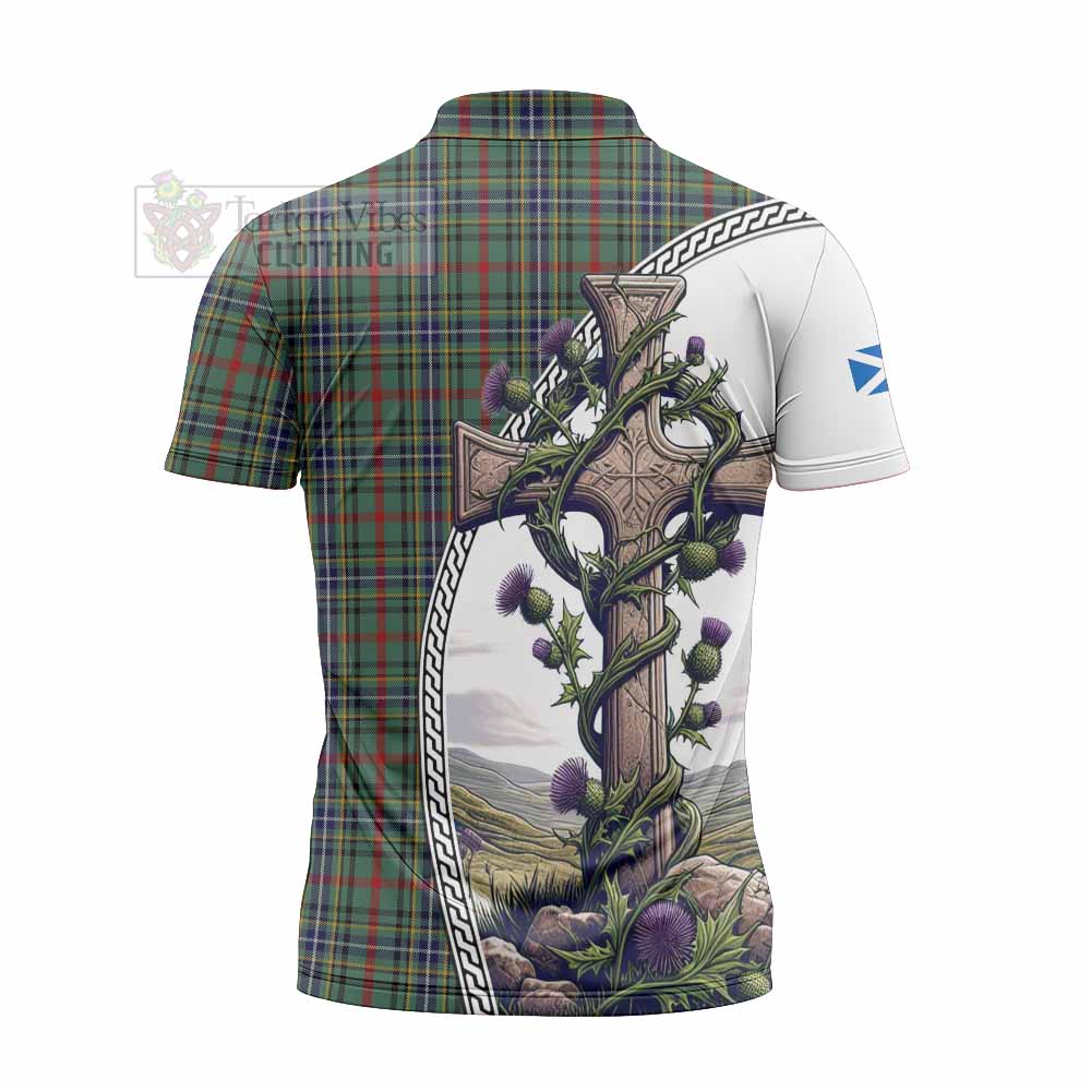 Tartan Vibes Clothing Bisset Tartan Zipper Polo Shirt with Family Crest and St. Andrew's Cross Accented by Thistle Vines