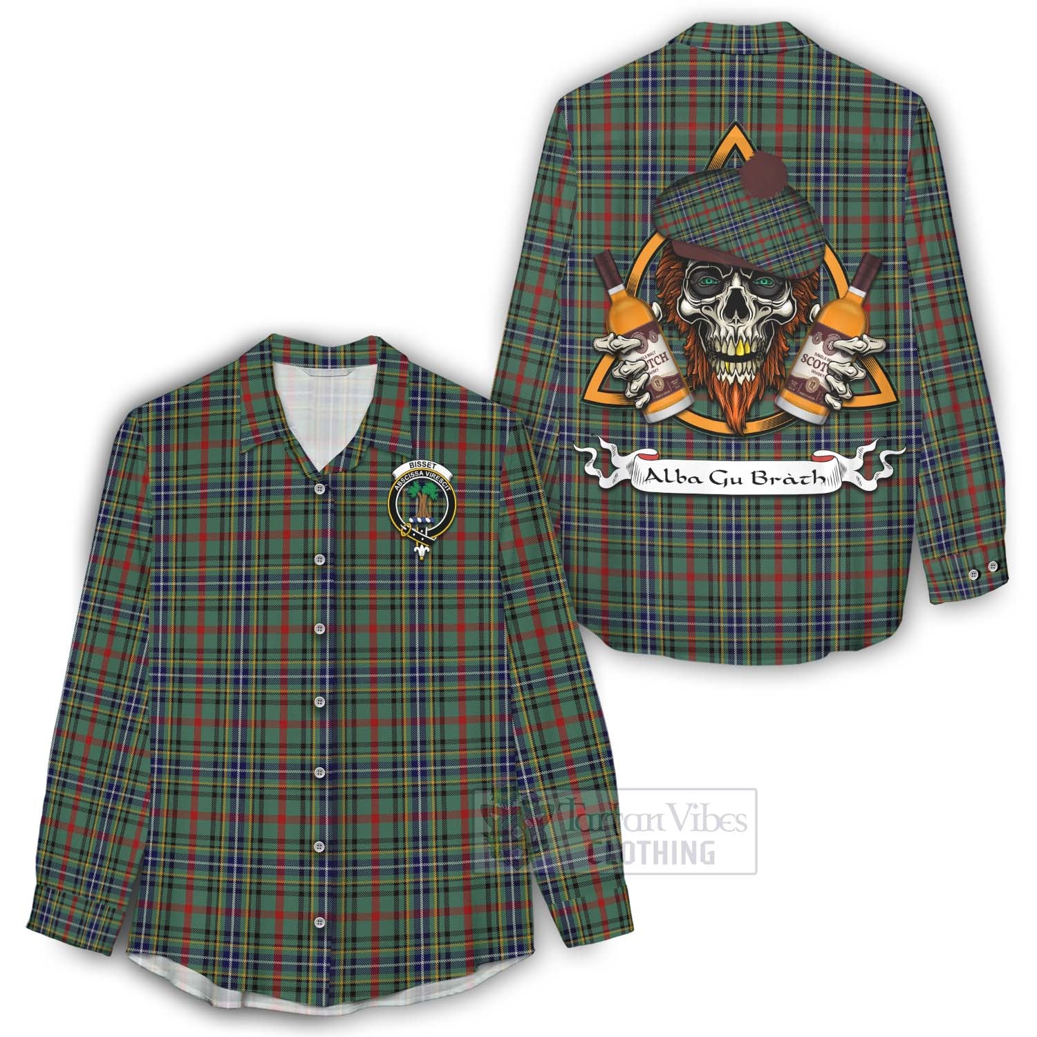 Tartan Vibes Clothing Bisset Tartan Women's Casual Shirt with Family Crest and Bearded Skull Holding Bottles of Whiskey