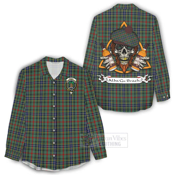 Bisset Tartan Women's Casual Shirt with Family Crest and Bearded Skull Holding Bottles of Whiskey