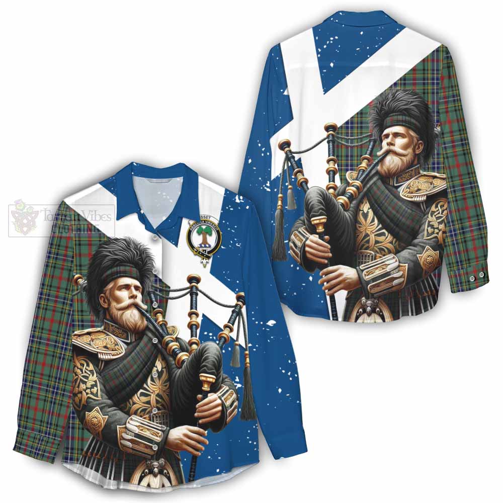 Tartan Vibes Clothing Bisset Tartan Women's Casual Shirt with Family Crest Scottish Bagpiper Vibes