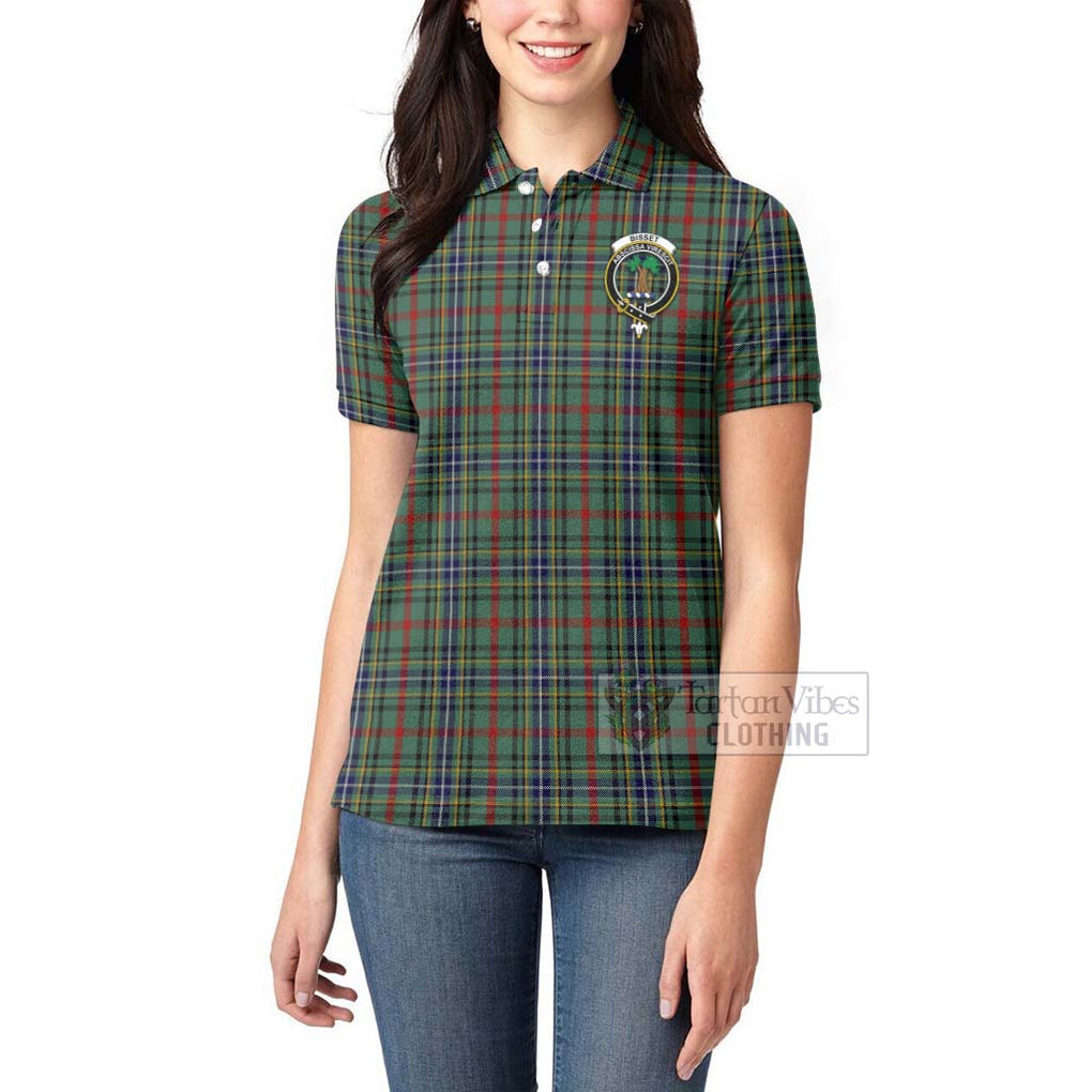 Tartan Vibes Clothing Bisset Tartan Women's Polo Shirt with Family Crest and Bearded Skull Holding Bottles of Whiskey