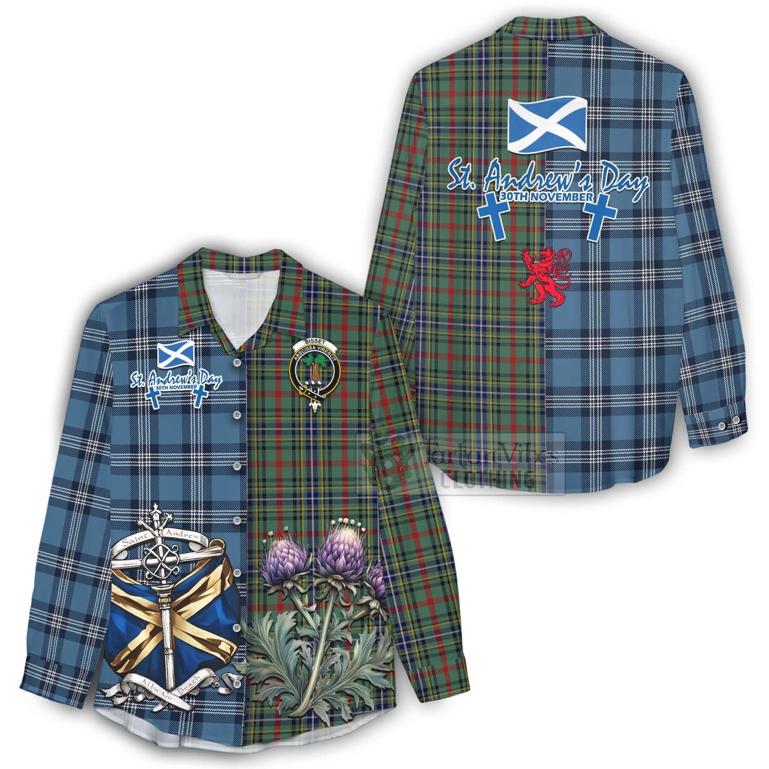 Tartan Vibes Clothing Bisset Tartan Women's Casual Shirt Happy St. Andrew's Day Half Tartan Style