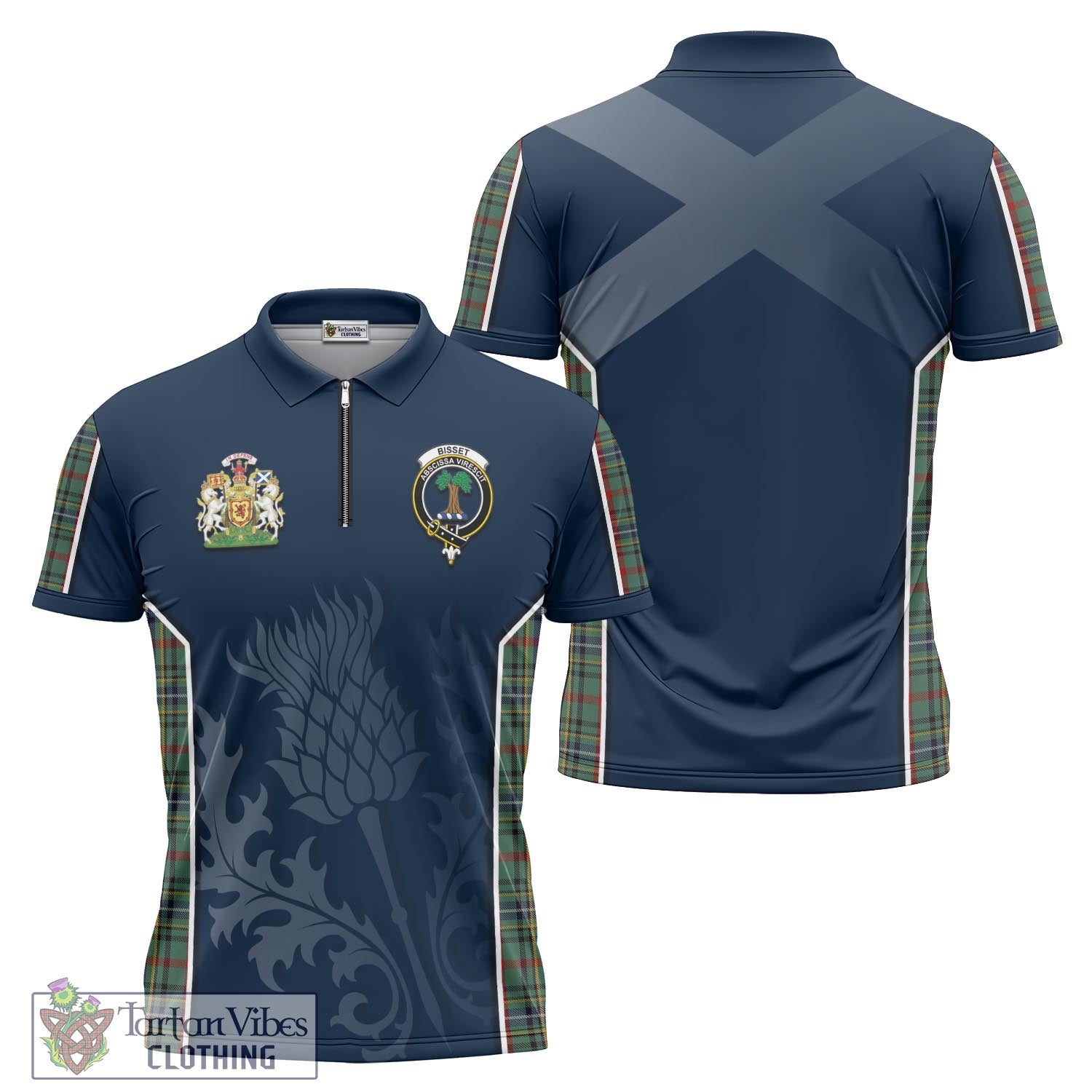 Tartan Vibes Clothing Bisset Tartan Zipper Polo Shirt with Family Crest and Scottish Thistle Vibes Sport Style