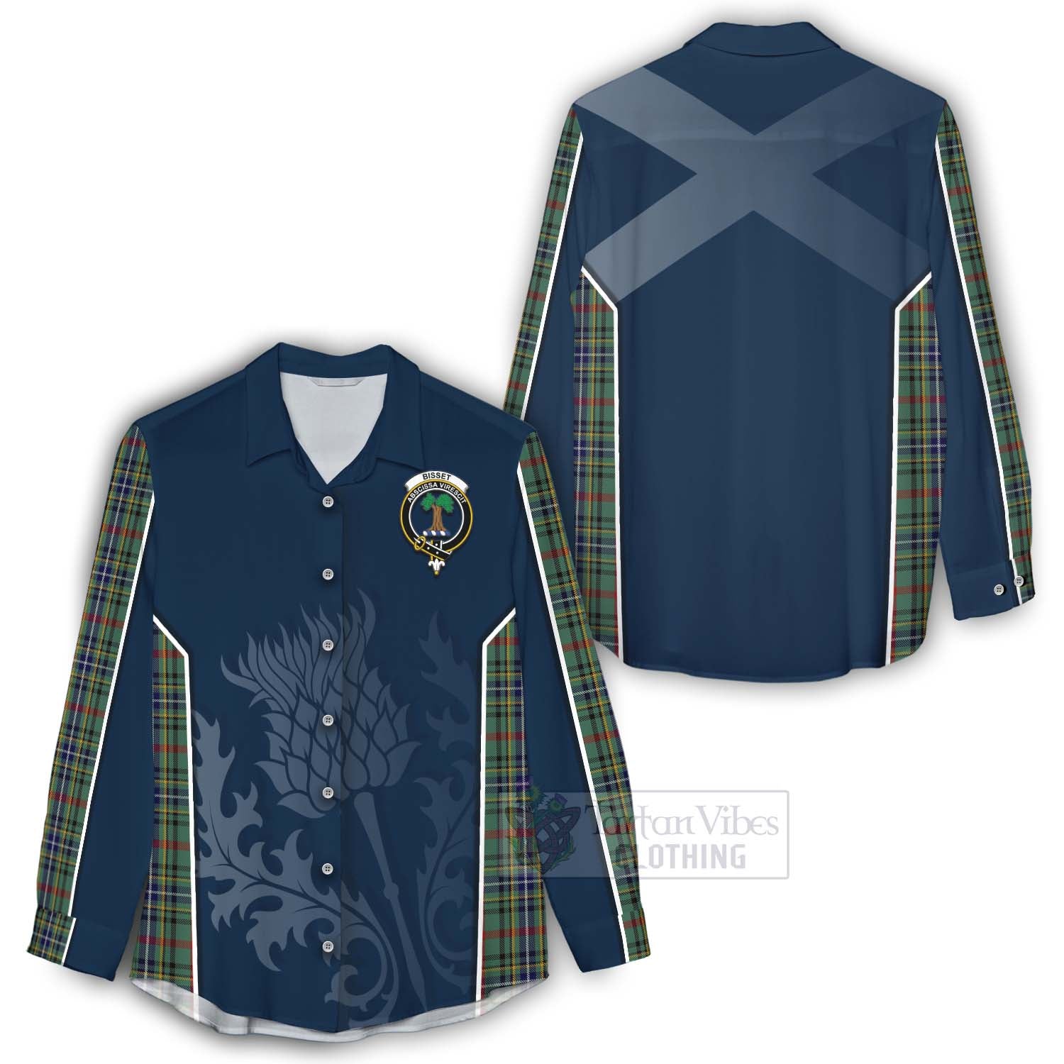 Tartan Vibes Clothing Bisset Tartan Women's Casual Shirt with Family Crest and Scottish Thistle Vibes Sport Style