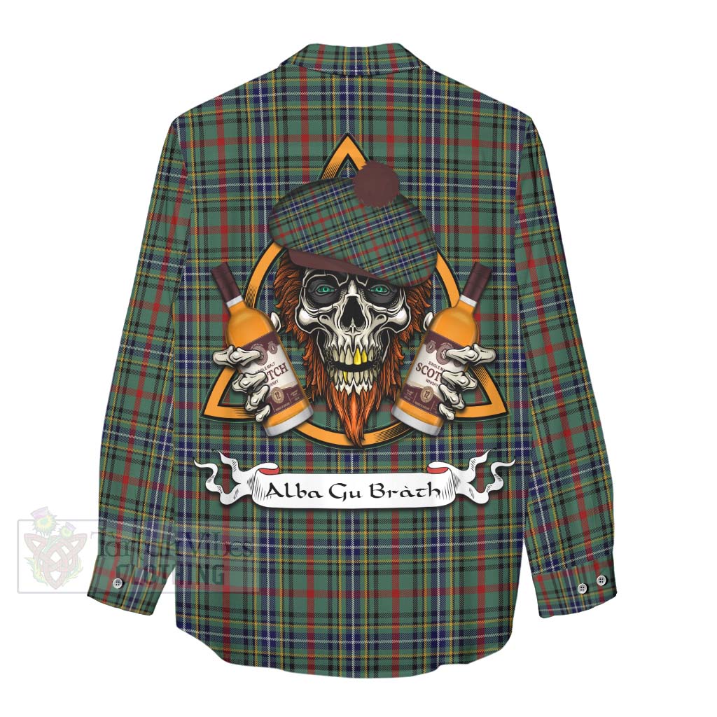 Tartan Vibes Clothing Bisset Tartan Women's Casual Shirt with Family Crest and Bearded Skull Holding Bottles of Whiskey