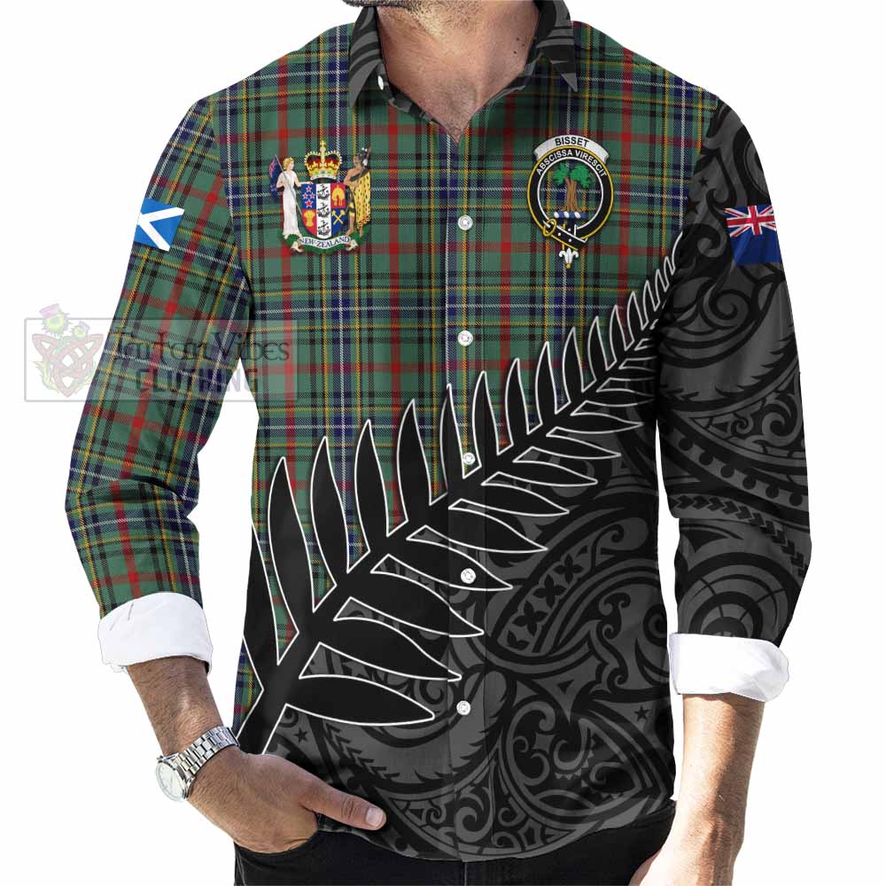 Tartan Vibes Clothing Bisset Crest Tartan Long Sleeve Button Shirt with New Zealand Silver Fern Half Style