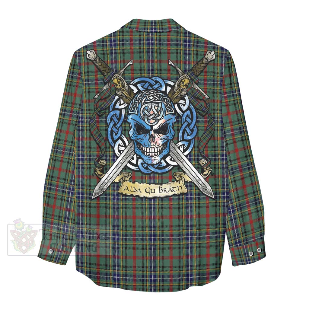 Tartan Vibes Clothing Bisset Tartan Women's Casual Shirt with Family Crest Celtic Skull Style