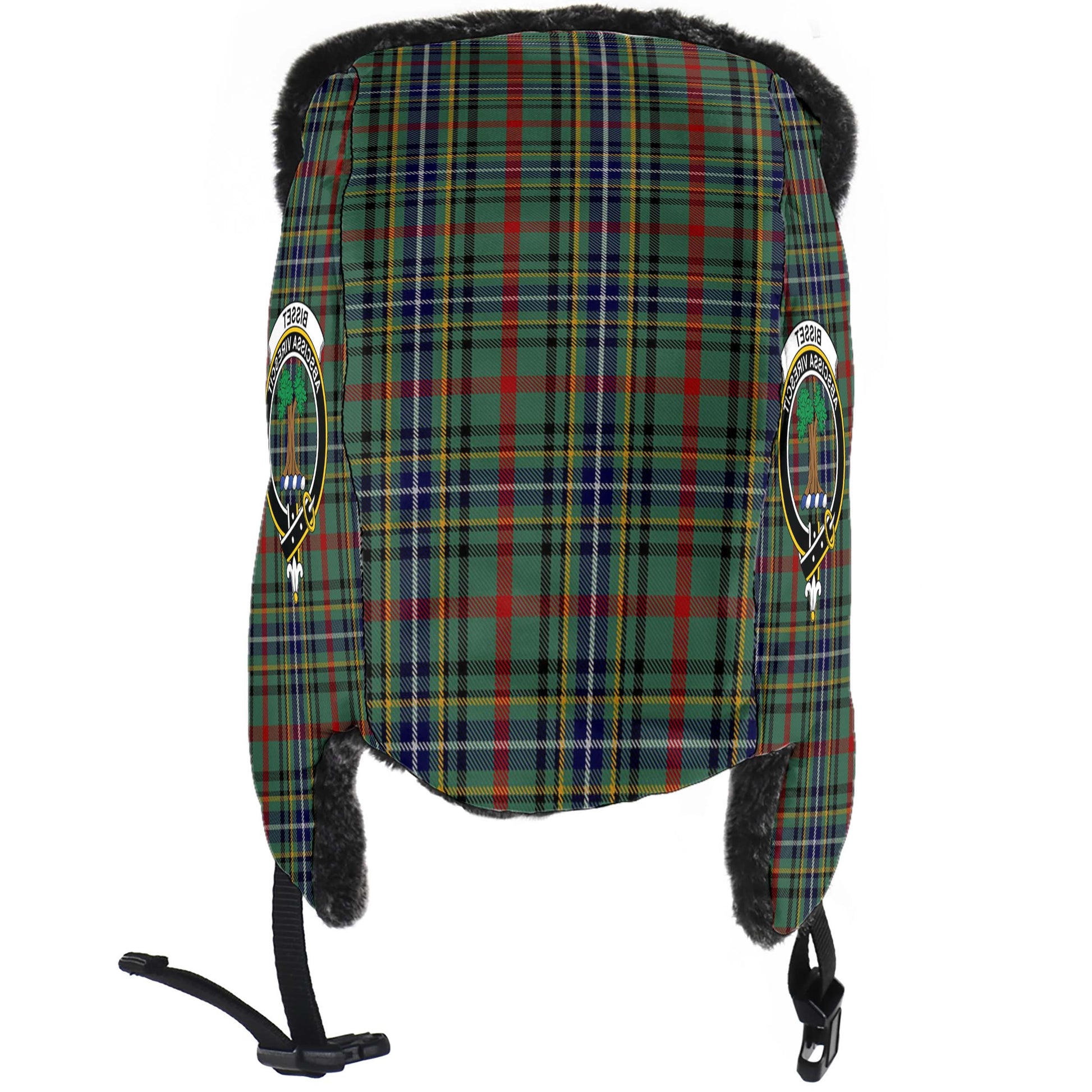 Bisset Tartan Winter Trapper Hat with Family Crest - Tartanvibesclothing