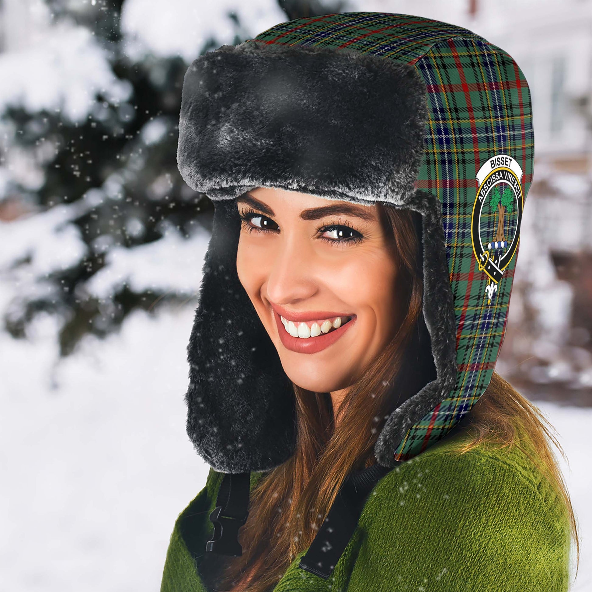 Bisset Tartan Winter Trapper Hat with Family Crest - Tartanvibesclothing