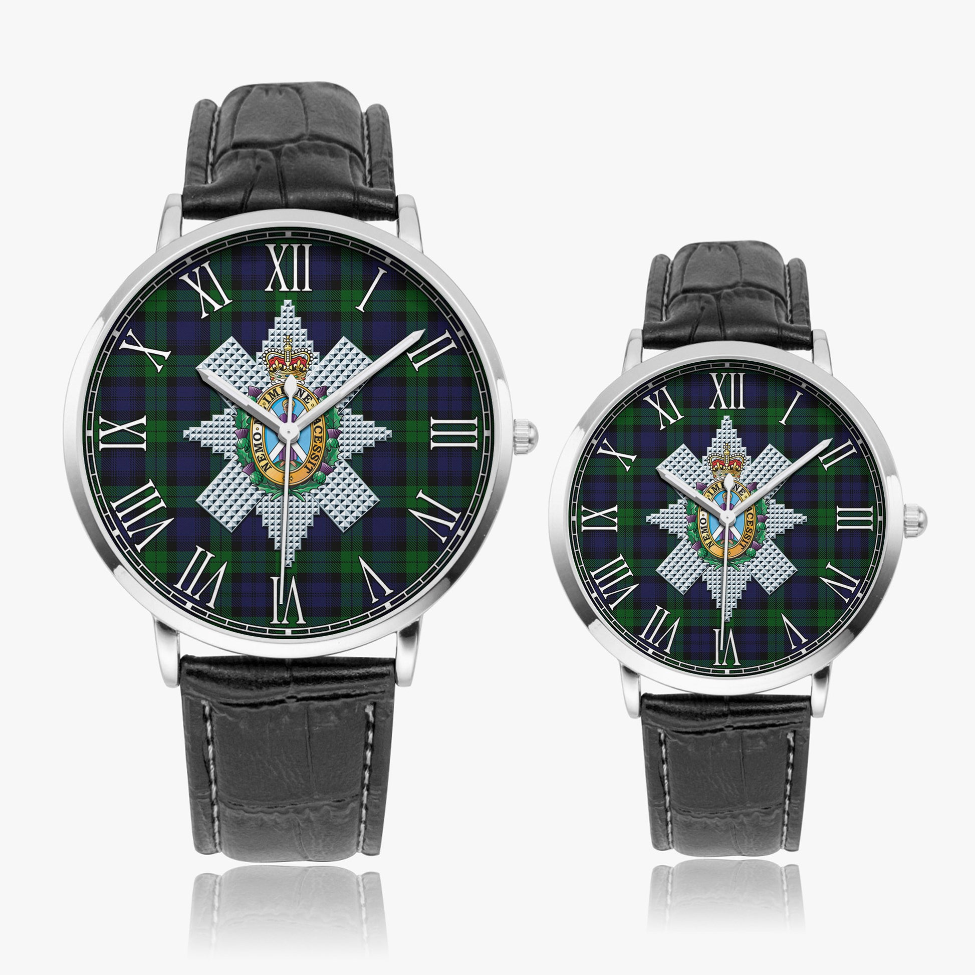 Black Watch Tartan Family Crest Leather Strap Quartz Watch - Tartanvibesclothing