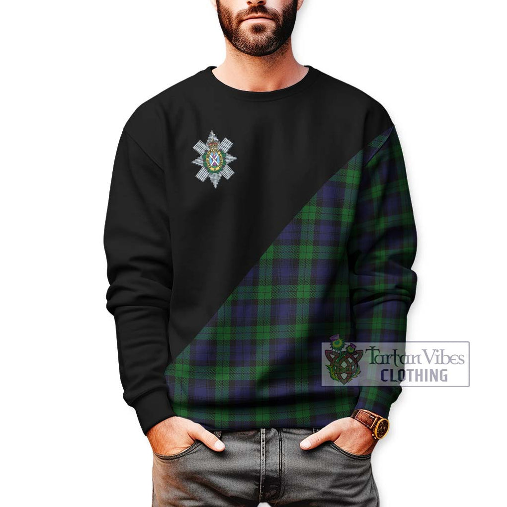 Black Watch Tartan Sweatshirt with Family Crest and Military Logo Style Unisex - Tartanvibesclothing Shop