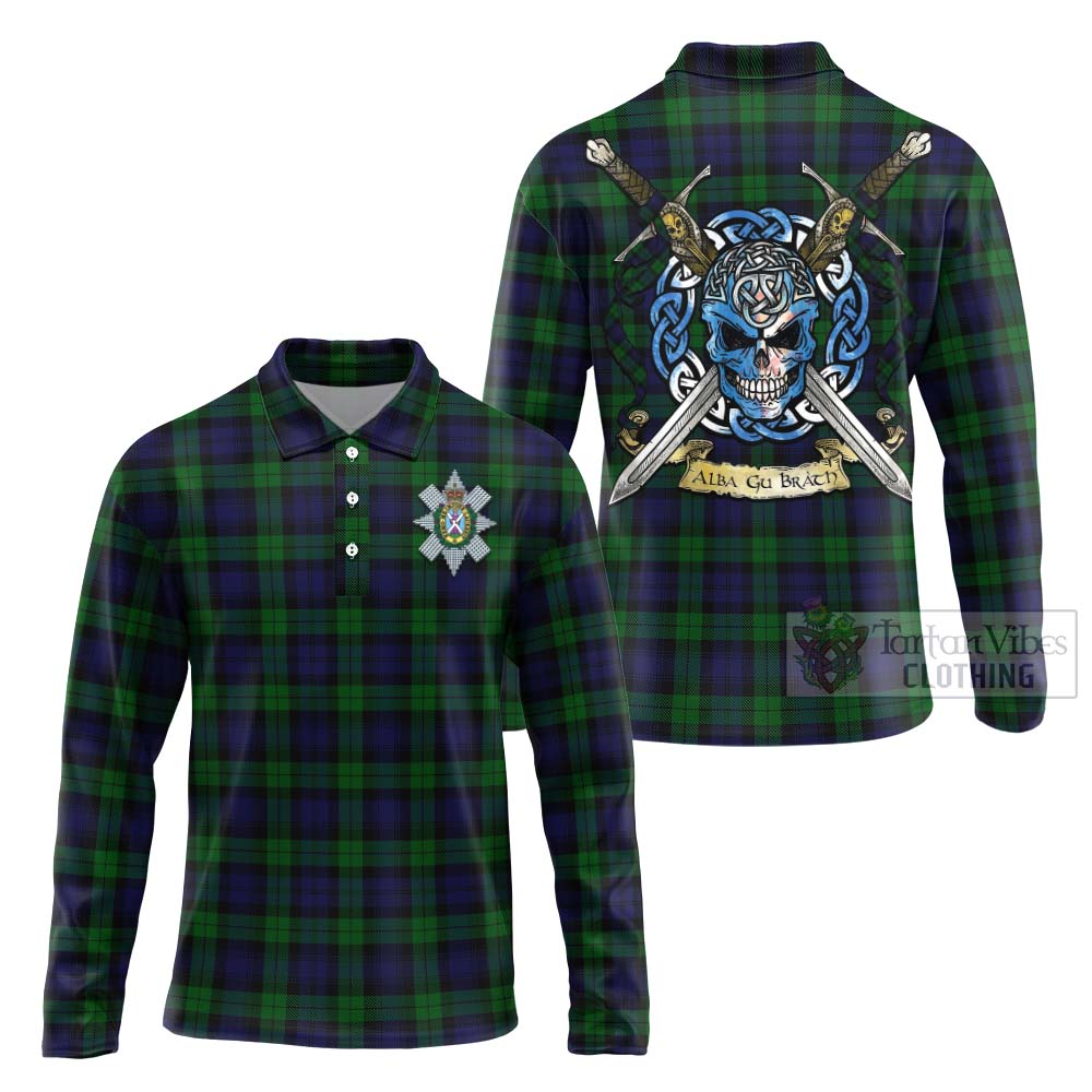 Tartan Vibes Clothing Black Watch Tartan Long Sleeve Polo Shirt with Family Crest Celtic Skull Style