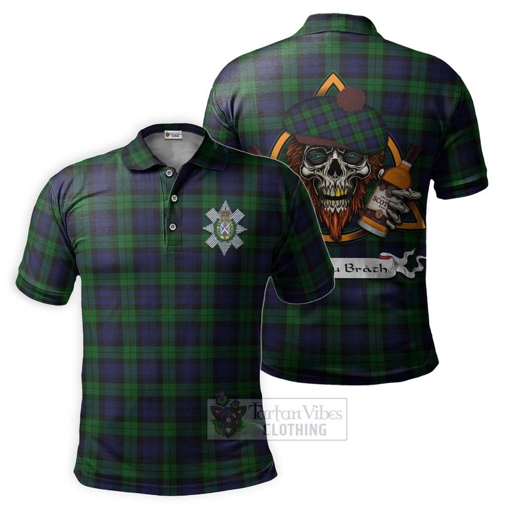 Tartan Vibes Clothing Black Watch Tartan Polo Shirt with Family Crest and Bearded Skull Holding Bottles of Whiskey