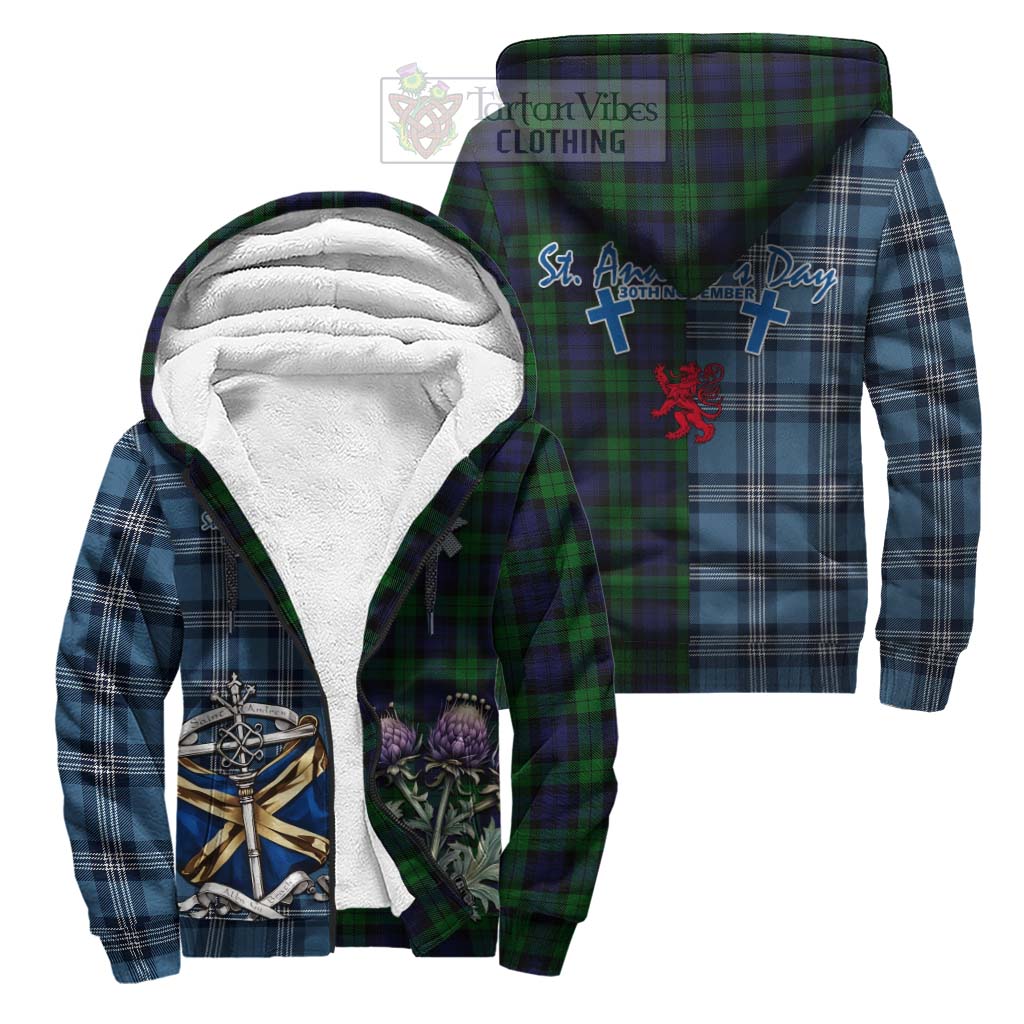 Tartan Vibes Clothing Black Watch Tartan Sherpa Hoodie Happy St. Andrew's Day Half Tartan Style