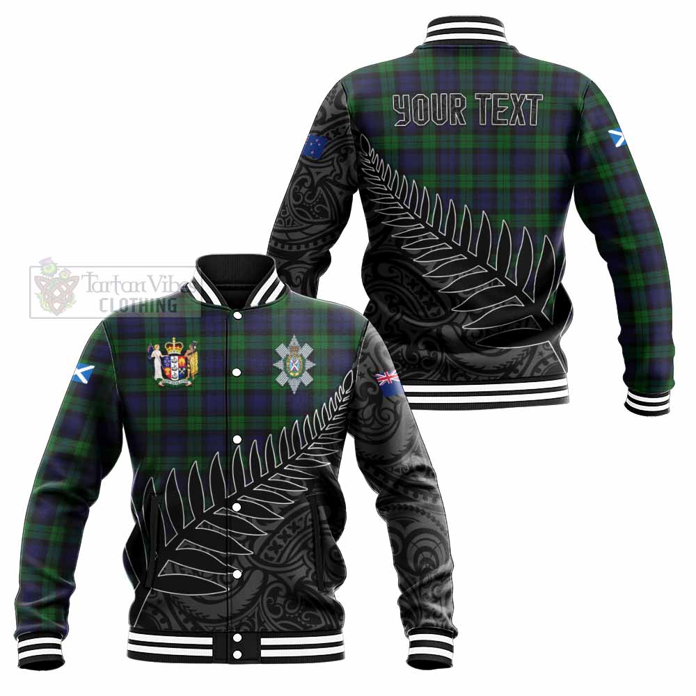 Tartan Vibes Clothing Black Watch Crest Tartan Baseball Jacket with New Zealand Silver Fern Half Style