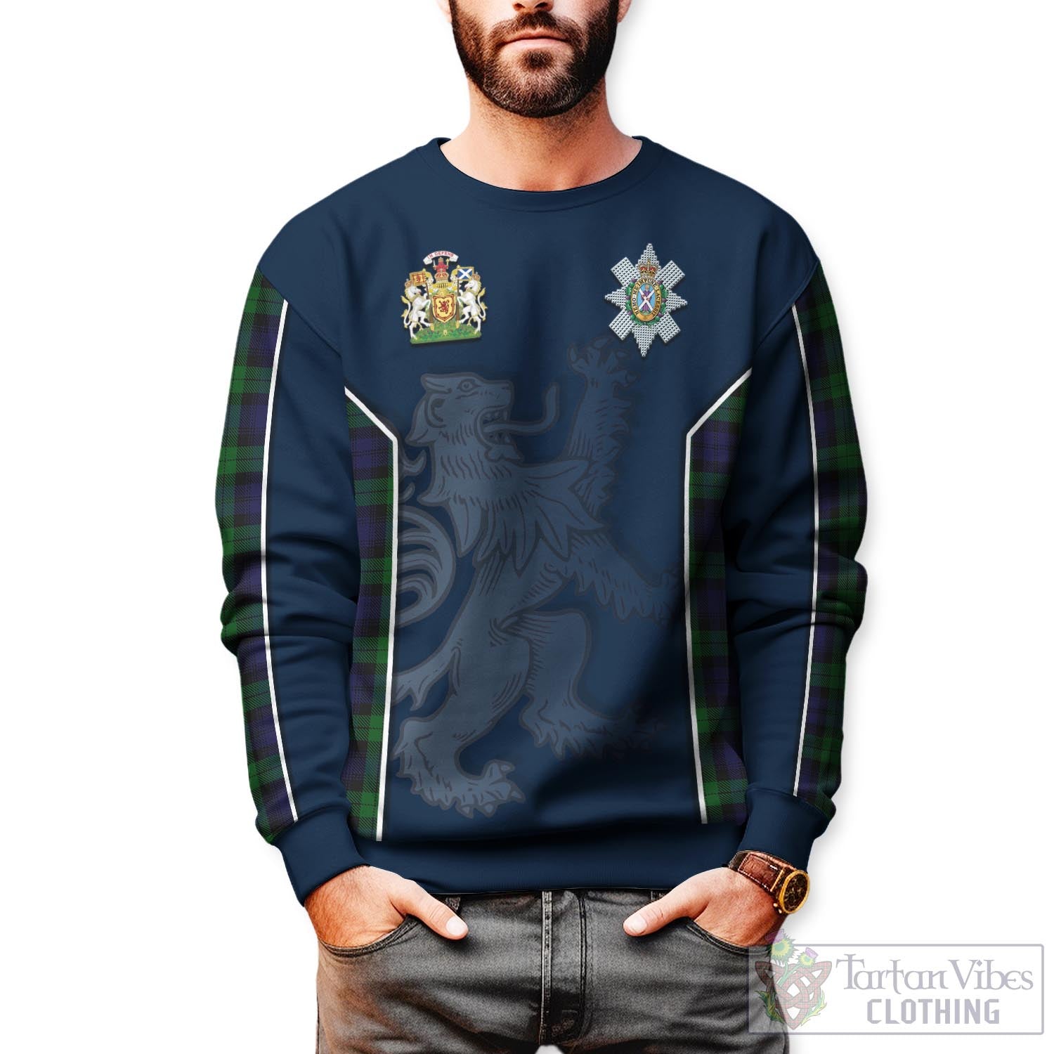 Tartan Vibes Clothing Black Watch Tartan Sweater with Family Crest and Lion Rampant Vibes Sport Style