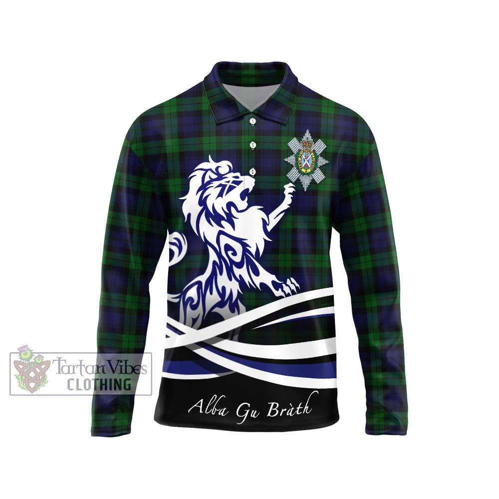 Black Watch Tartan Long Sleeve Polo Shirt with Alba Gu Brath Regal Lion Emblem Unisex - Tartanvibesclothing Shop