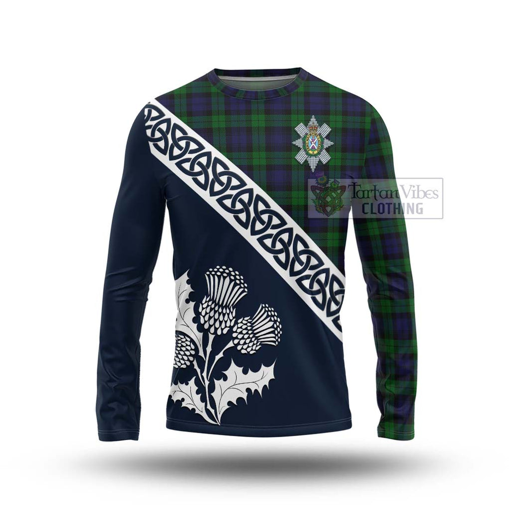 Tartan Vibes Clothing Black Watch Tartan Long Sleeve T-Shirt Featuring Thistle and Scotland Map