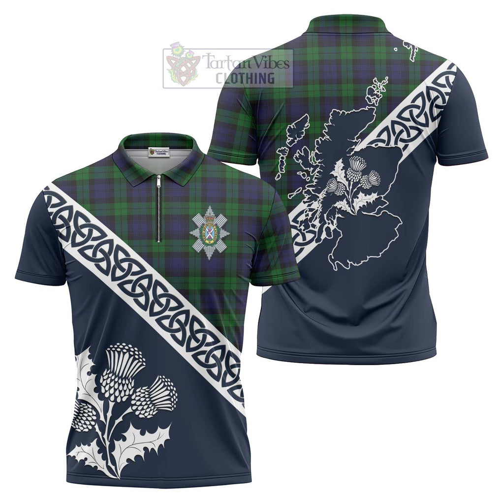 Tartan Vibes Clothing Black Watch Tartan Zipper Polo Shirt Featuring Thistle and Scotland Map