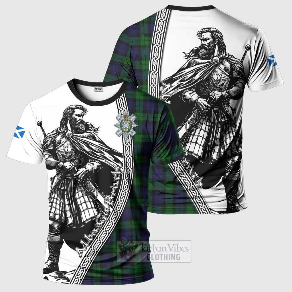 Tartan Vibes Clothing Black Watch Tartan Clan Crest T-Shirt with Highlander Warrior Celtic Style