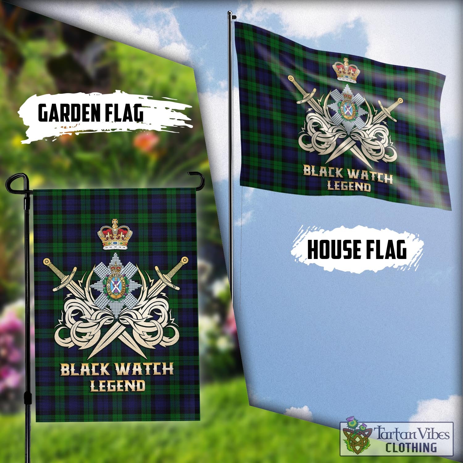 Tartan Vibes Clothing Black Watch Tartan Flag with Clan Crest and the Golden Sword of Courageous Legacy