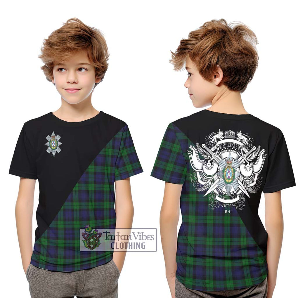 Black Watch Tartan Kid T-Shirt with Family Crest and Military Logo Style Youth XL Size14 - Tartanvibesclothing Shop