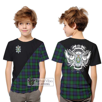 Black Watch Tartan Kid T-Shirt with Family Crest and Military Logo Style