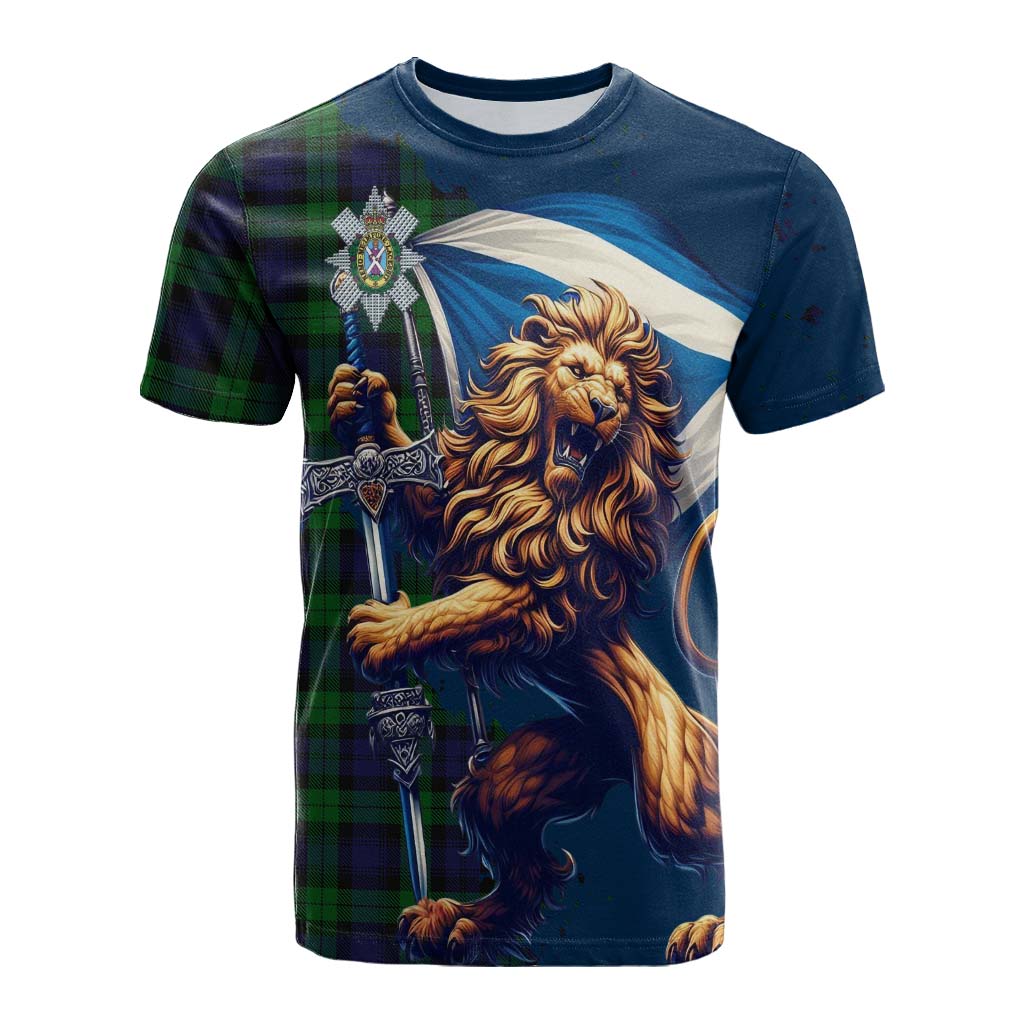 Tartan Vibes Clothing Black Watch Tartan Family Crest Cotton T-shirt with Scottish Majestic Lion