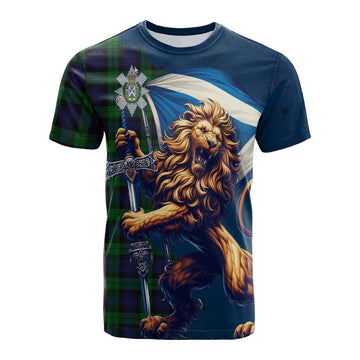 Black Watch Tartan Family Crest Cotton T-shirt with Scottish Majestic Lion