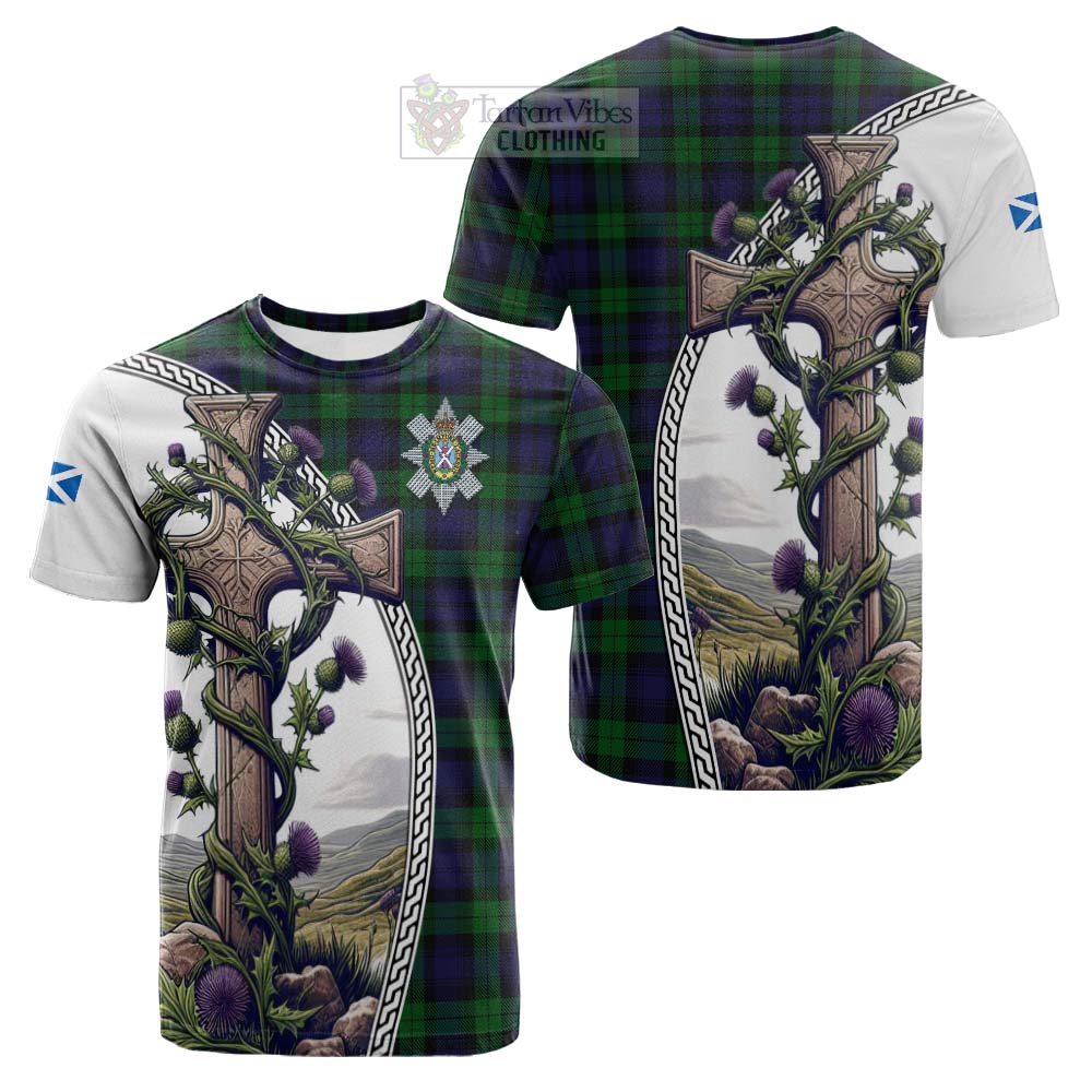 Tartan Vibes Clothing Black Watch Tartan Cotton T-shirt with Family Crest and St. Andrew's Cross Accented by Thistle Vines