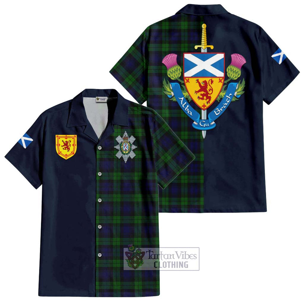 Tartan Vibes Clothing Black Watch Tartan Short Sleeve Button Shirt with Scottish Lion Royal Arm Half Style