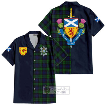 Black Watch Tartan Short Sleeve Button Shirt Alba with Scottish Lion Royal Arm Half Style