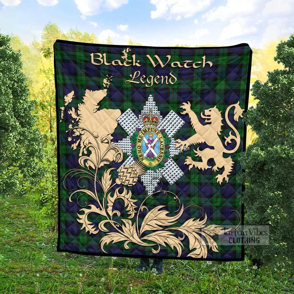 Tartan Vibes Clothing Black Watch Tartan Quilt with Family Crest and Scottish Symbol Style