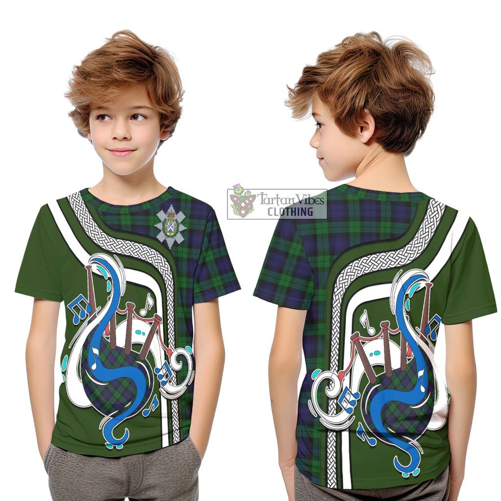 Tartan Vibes Clothing Black Watch Tartan Kid T-Shirt with Epic Bagpipe Style