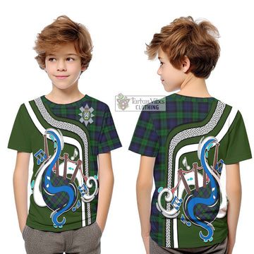 Black Watch Tartan Kid T-Shirt with Epic Bagpipe Style