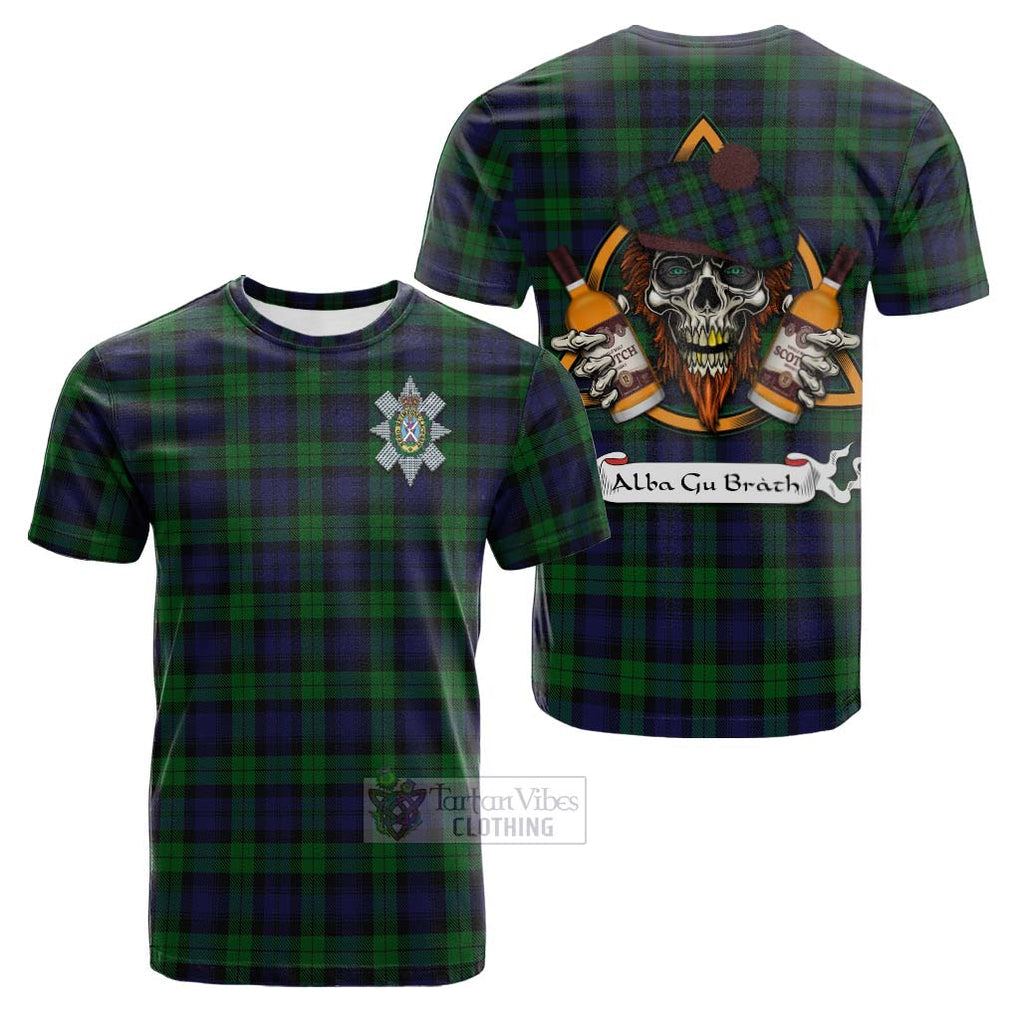 Tartan Vibes Clothing Black Watch Tartan Cotton T-shirt with Family Crest and Bearded Skull Holding Bottles of Whiskey