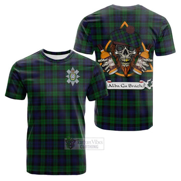 Black Watch Tartan Cotton T-shirt with Family Crest and Bearded Skull Holding Bottles of Whiskey