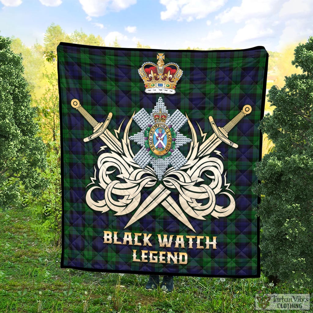 Tartan Vibes Clothing Black Watch Tartan Quilt with Clan Crest and the Golden Sword of Courageous Legacy