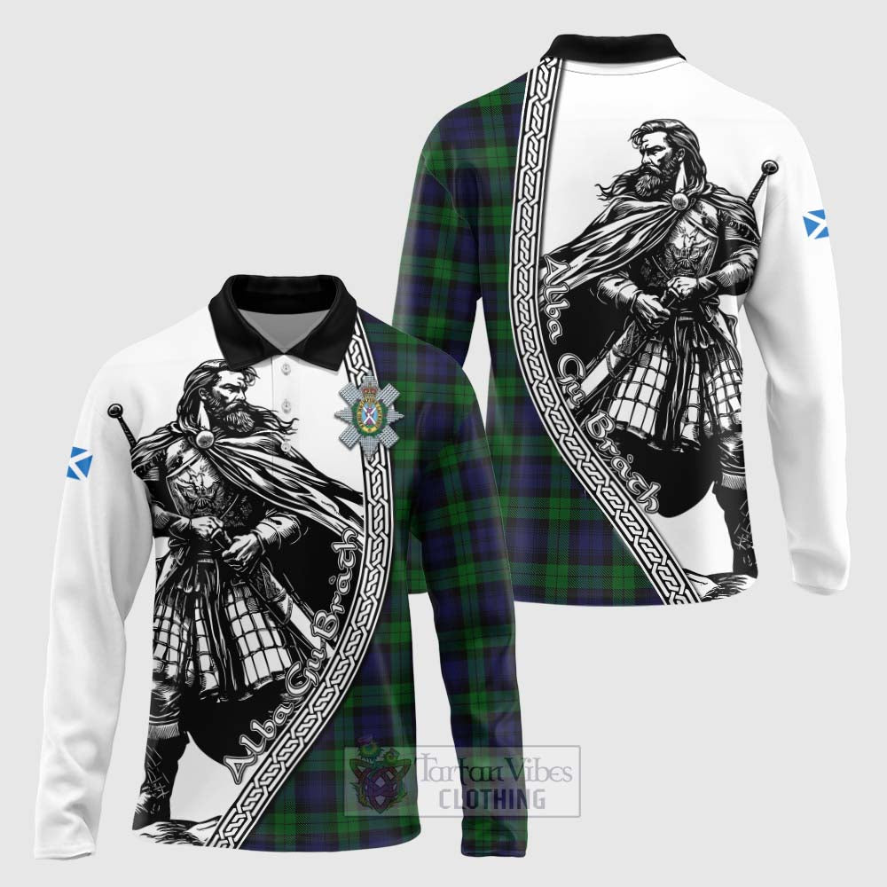 Tartan Vibes Clothing Black Watch Tartan Clan Crest Long Sleeve Polo Shirt with Highlander Warrior Celtic Style