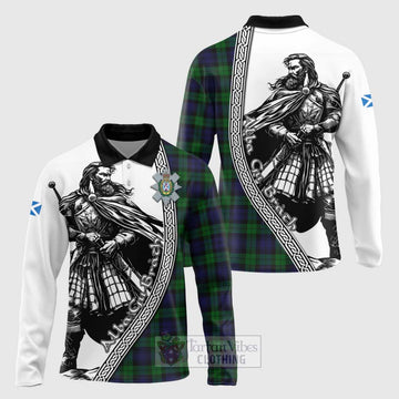 Black Watch Tartan Clan Crest Long Sleeve Polo Shirt with Highlander Warrior Celtic Style