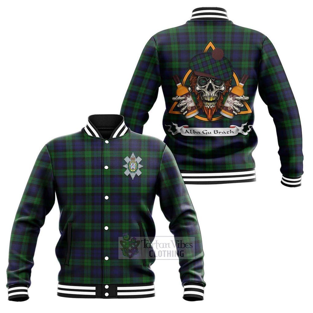 Tartan Vibes Clothing Black Watch Tartan Baseball Jacket with Family Crest and Bearded Skull Holding Bottles of Whiskey