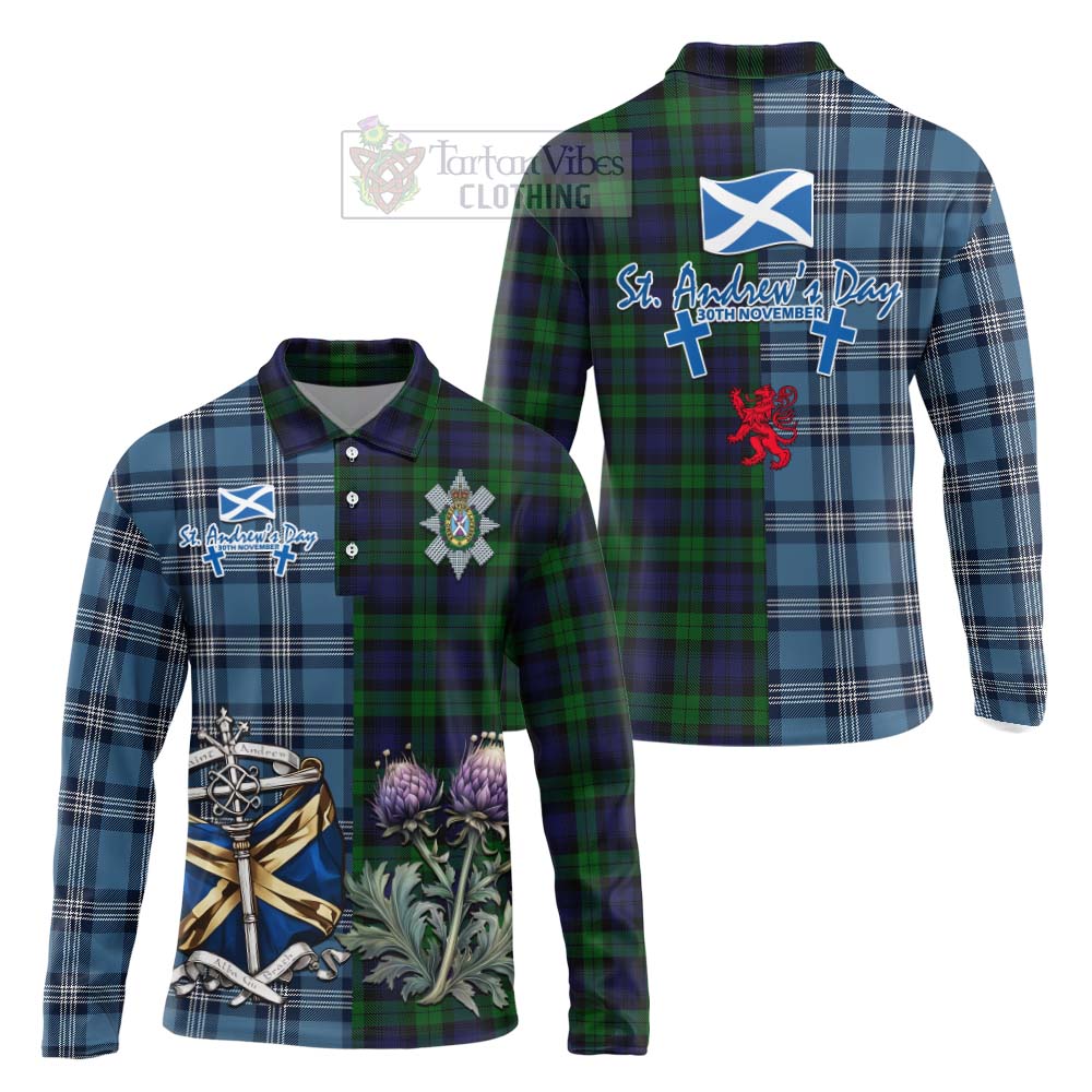 Tartan Vibes Clothing Black Watch Tartan Long Sleeve Polo Shirt Happy St. Andrew's Day Half Tartan Style