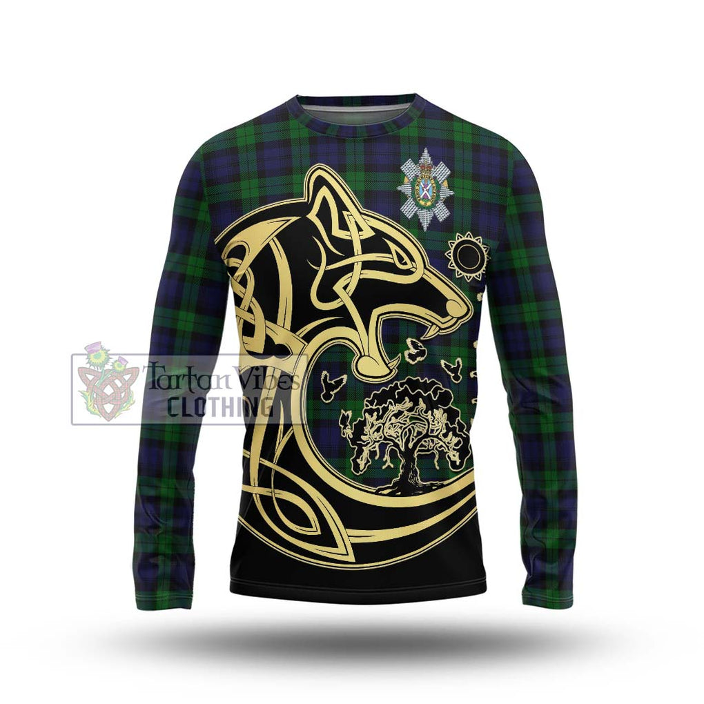 Black Watch Tartan Long Sleeve T-Shirt with Family Crest Celtic Wolf Style Unisex - Tartan Vibes Clothing