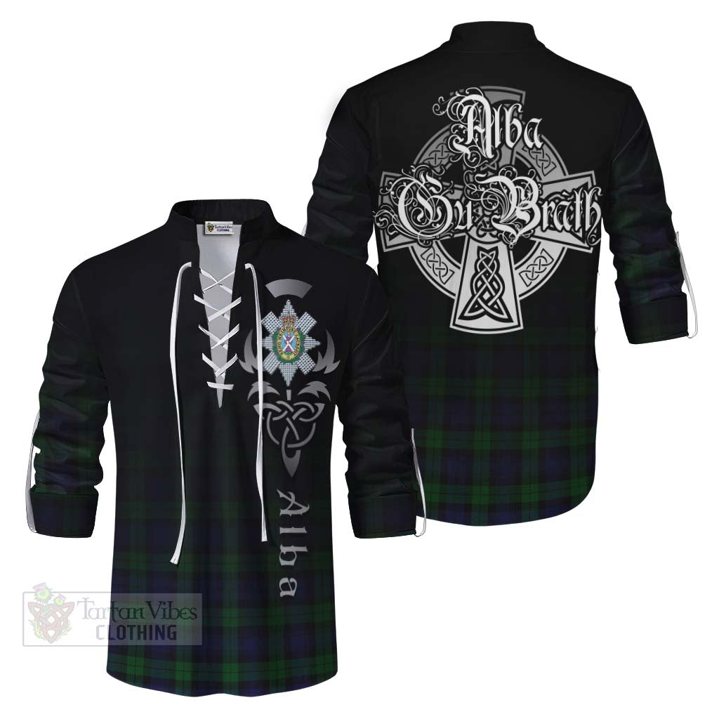 Tartan Vibes Clothing Black Watch Tartan Ghillie Kilt Shirt Featuring Alba Gu Brath Family Crest Celtic Inspired