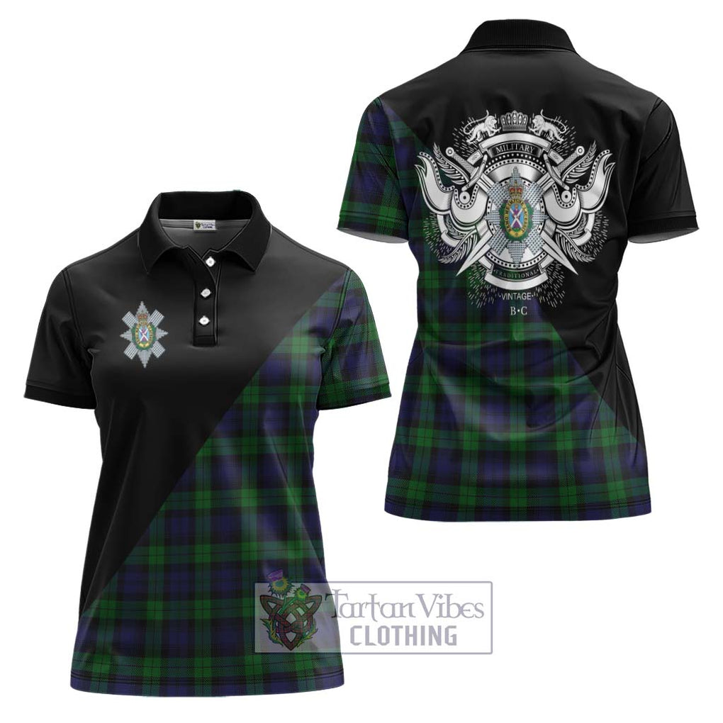 Black Watch Tartan Women's Polo Shirt with Family Crest and Military Logo Style Women - Tartanvibesclothing Shop