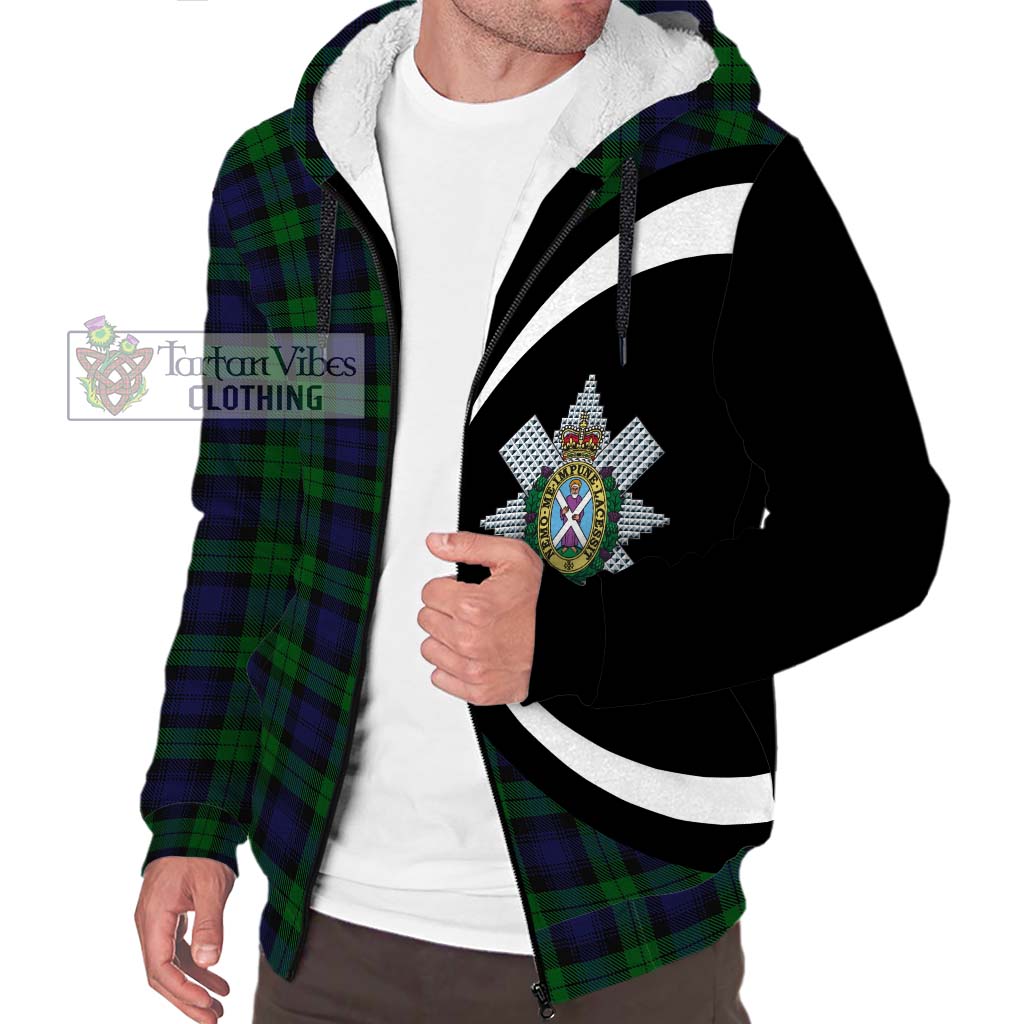 Black Watch Tartan Sherpa Hoodie with Family Crest Circle Style Unisex S - Tartan Vibes Clothing