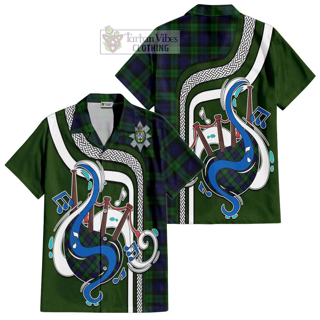 Black Watch Tartan Short Sleeve Button Shirt with Epic Bagpipe Style Kid - Tartanvibesclothing Shop